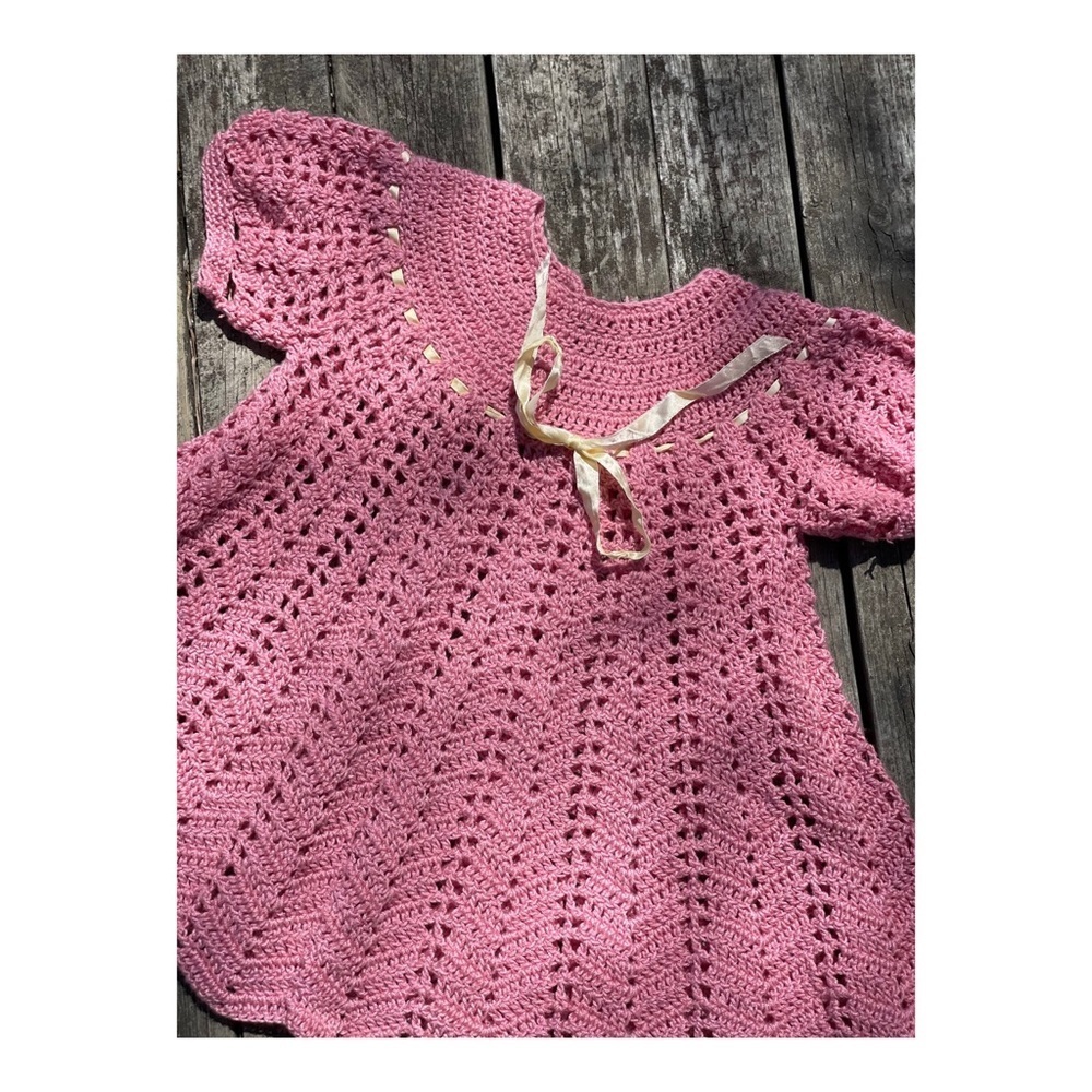 SOLD Pink Crotchet Circle Dress Puff Sleeve Ribbon - Picture 2 of 4